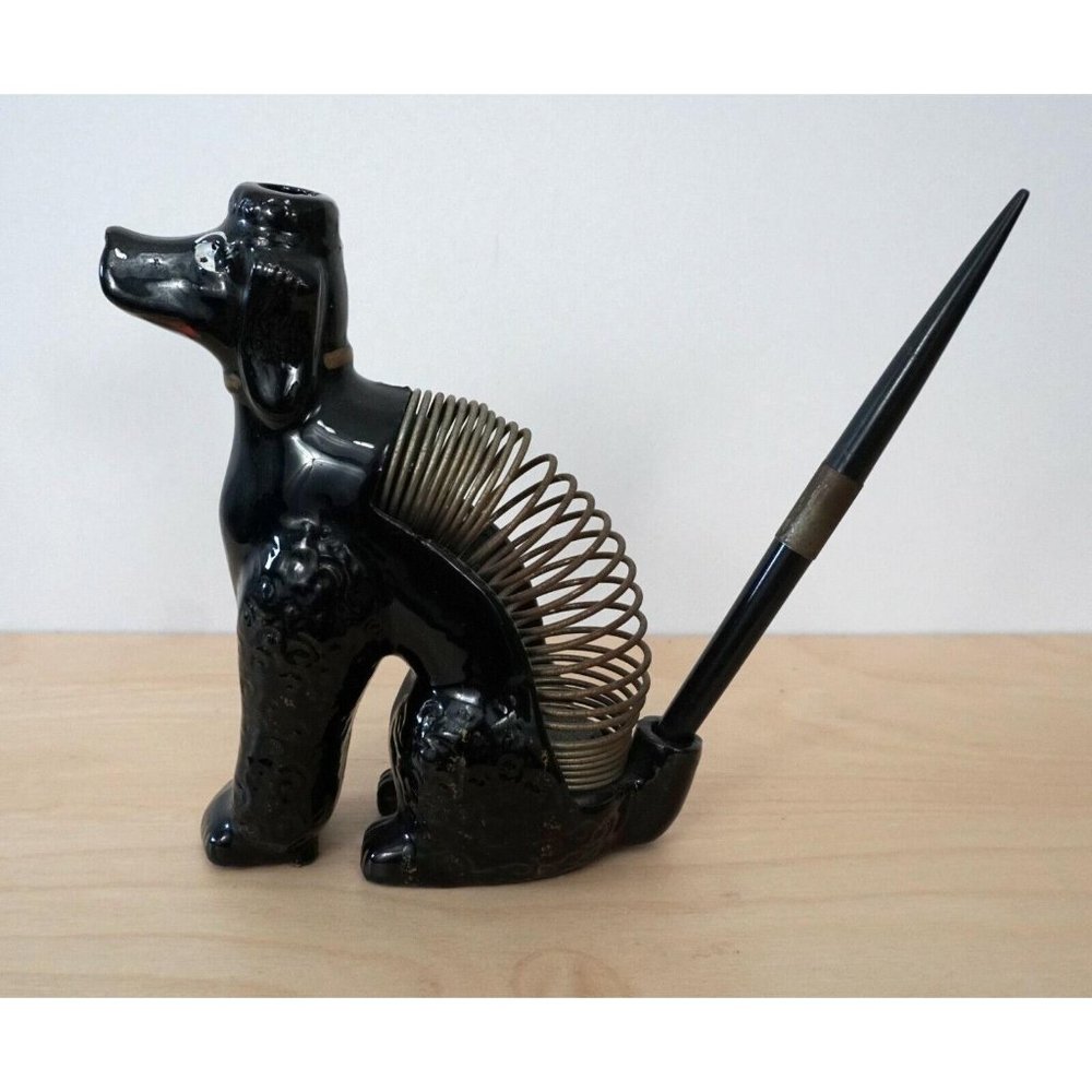 Antique Vintage Black Poodle Dog Slinky Desk Ceramic Pen Holder
